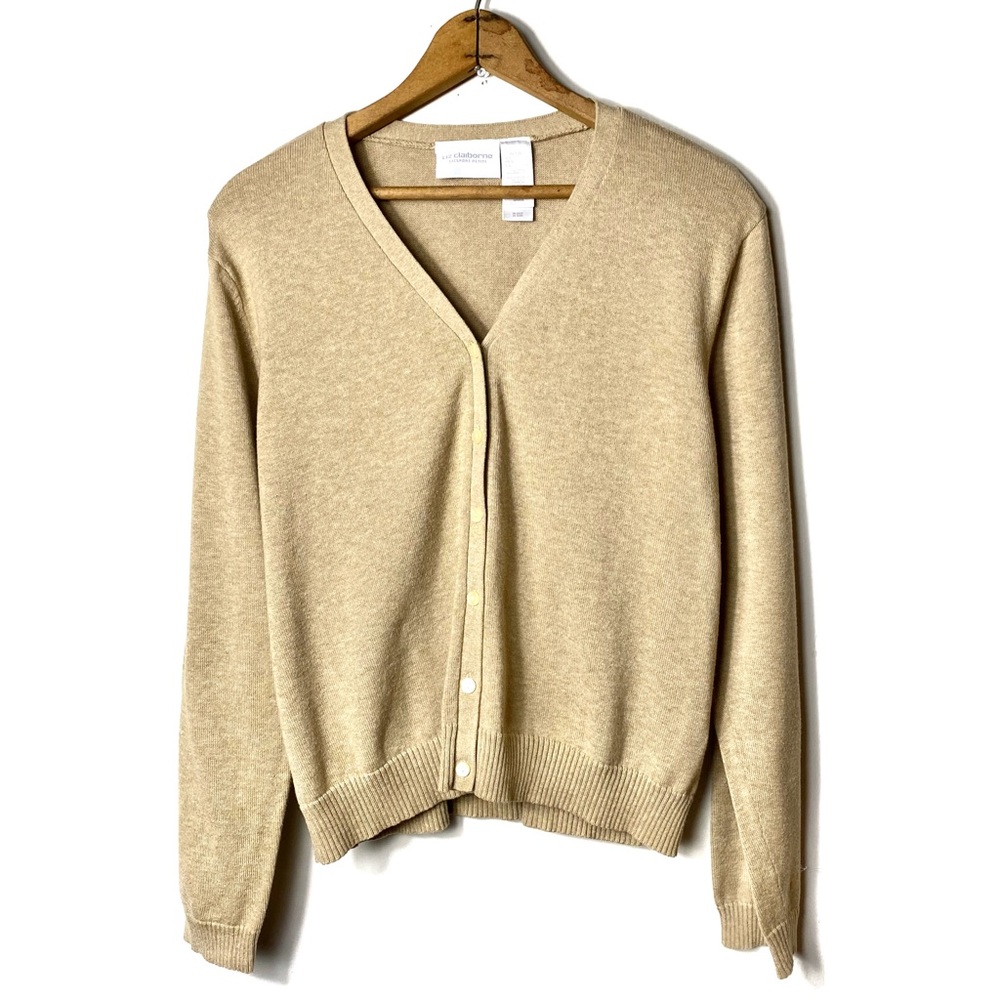 LizSport Petite Camel Classic V-Neck Button Front Cardigan Sweater Liz Claiborne